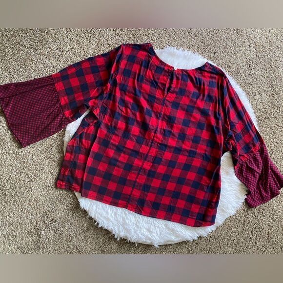 J. Crew Mercantile Plaid Top Womens Size 24 Red Blue Wide Sleeves - Picture 2 of 7